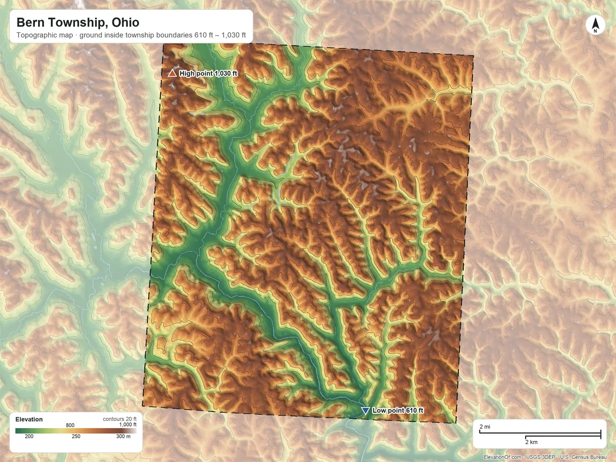 Topographic elevation map of Bern Township, Ohio, shaded from 610 ft on the south side to 1,030 ft on the northwest side
