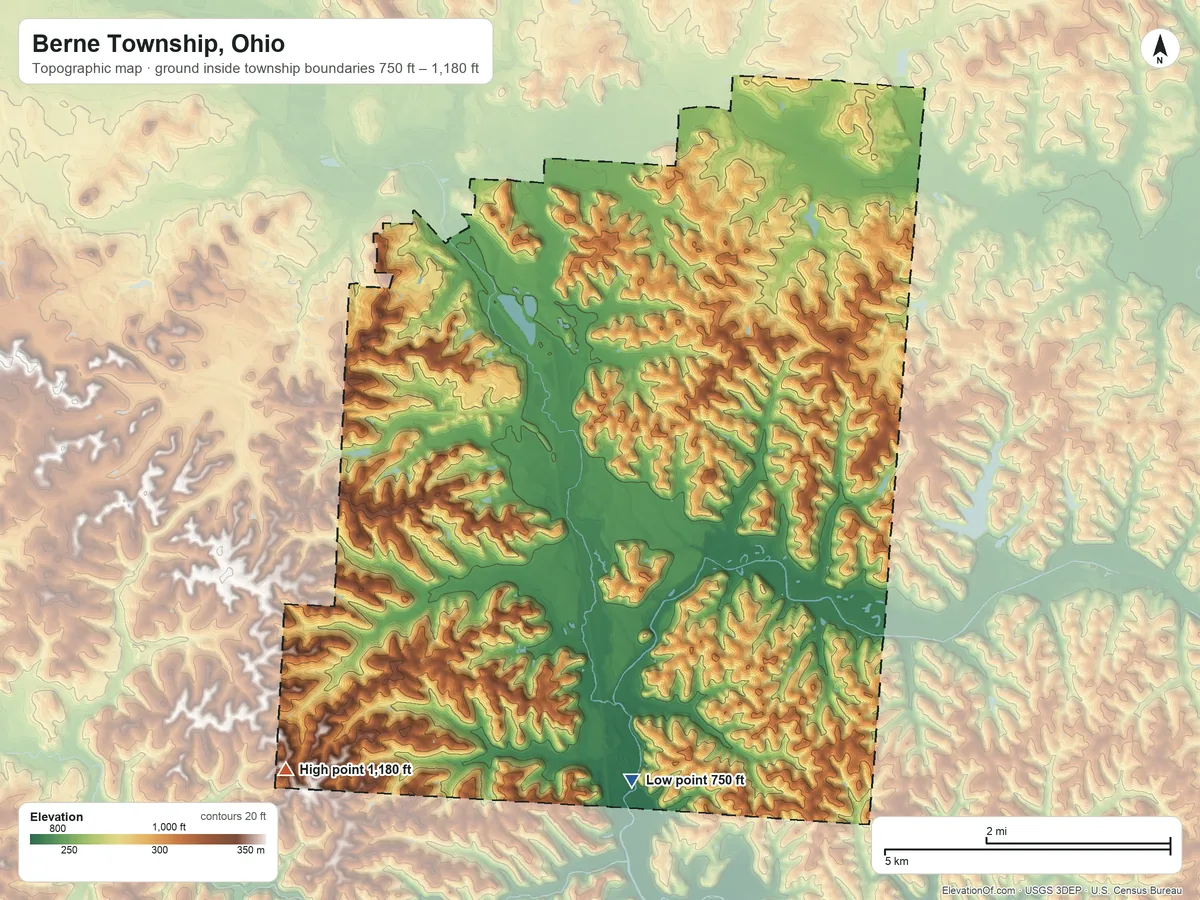 Topographic elevation map of Berne Township, Ohio, shaded from 750 ft on the south side to 1,180 ft on the southwest side