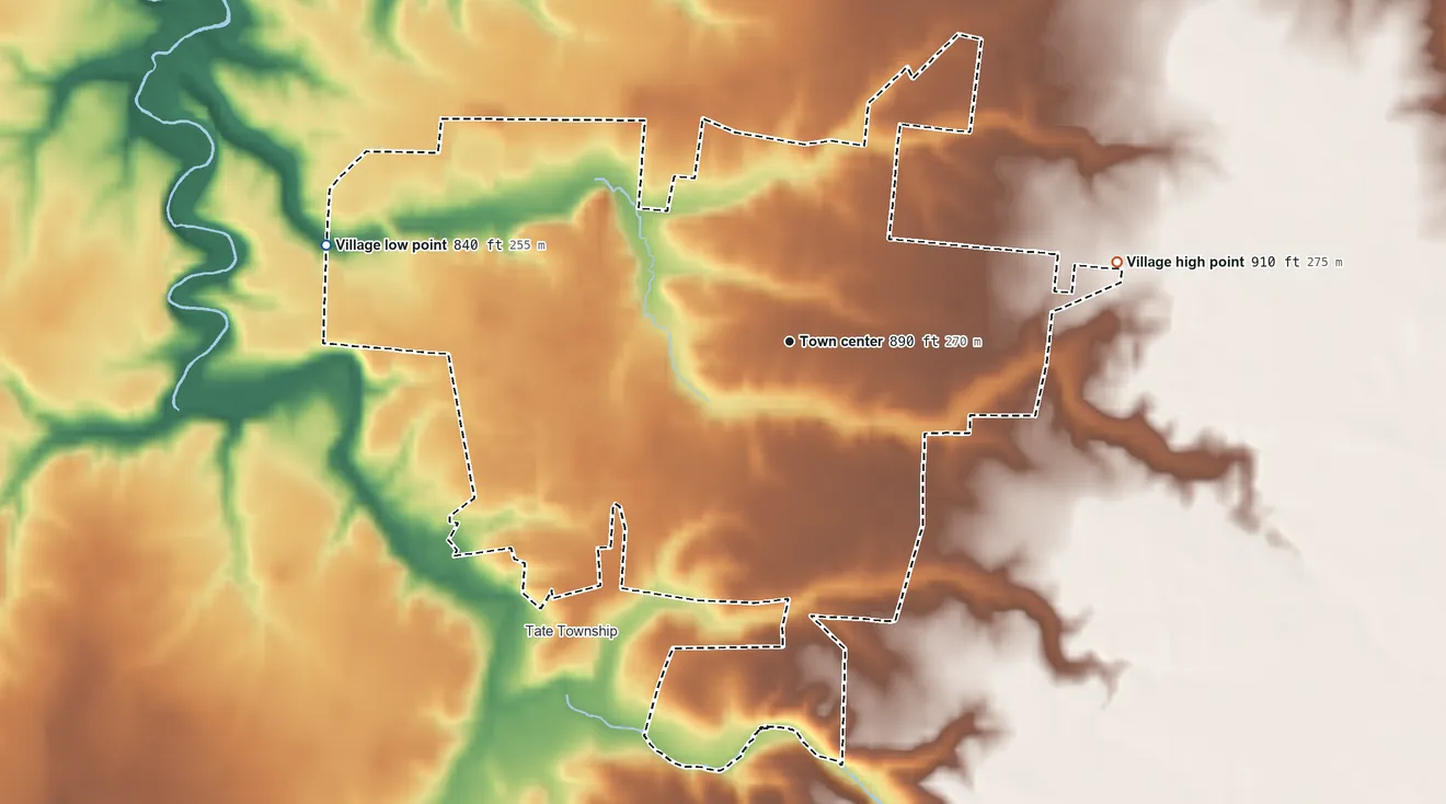 Topographic elevation map of Bethel, Ohio, shaded from 840 ft on the west side to 910 ft on the east side