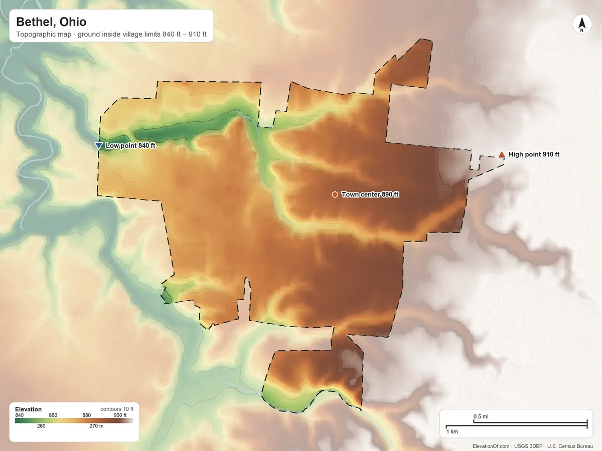 Topographic elevation map of Bethel, Ohio, shaded from 840 ft on the west side to 910 ft on the east side