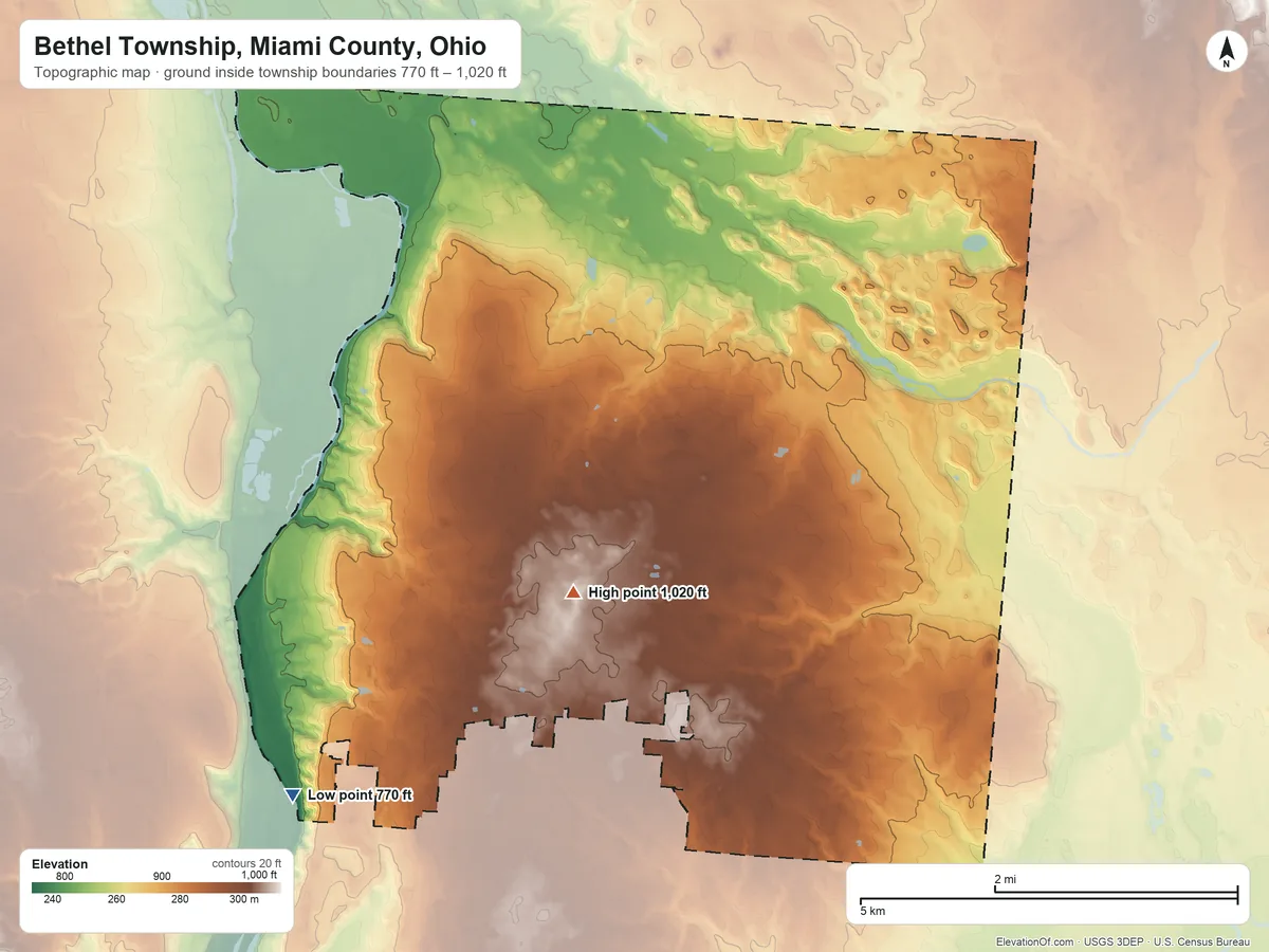 Topographic elevation map of Bethel Township, Miami County, Ohio, shaded from 770 ft on the southwest side to 1,020 ft on the southwest side