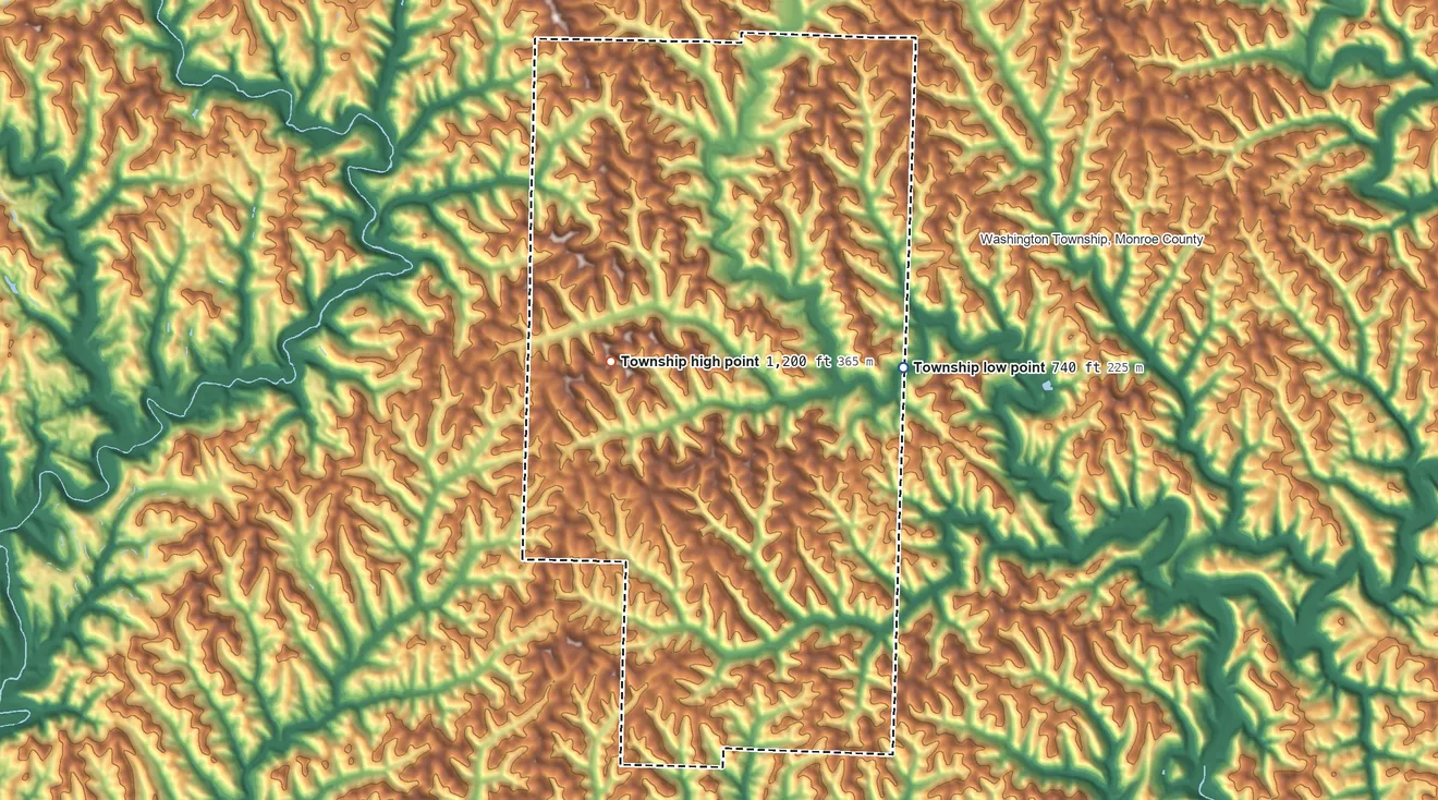 Topographic elevation map of Bethel Township, Monroe County, Ohio, shaded from 740 ft on the east side to 1,200 ft on the west side