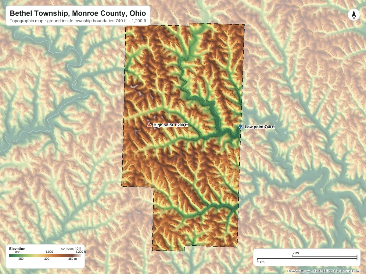 Topographic elevation map of Bethel Township, Monroe County, Ohio, shaded from 740 ft on the east side to 1,200 ft on the west side