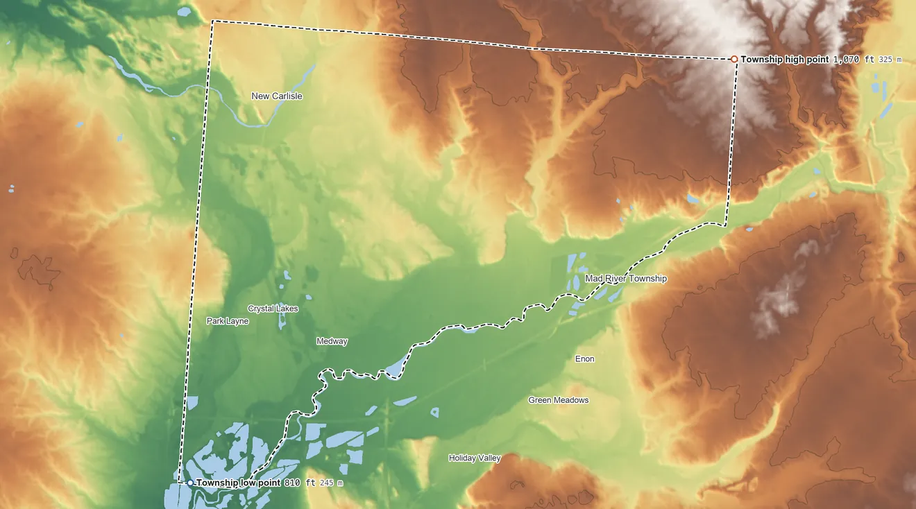Topographic elevation map of Bethel Township, Ohio, shaded from 810 ft on the southwest side to 1,070 ft on the east side