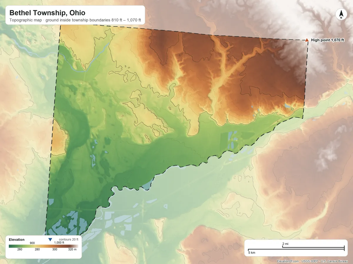 Topographic elevation map of Bethel Township, Ohio, shaded from 810 ft on the southwest side to 1,070 ft on the east side