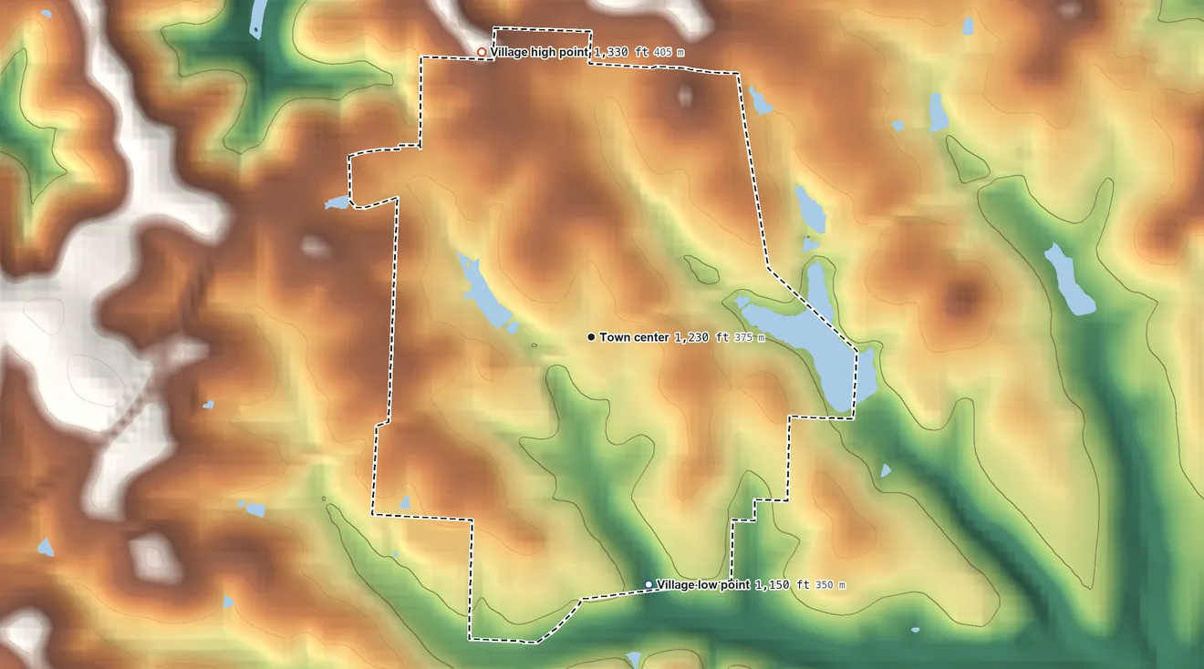 Topographic elevation map of Bethesda, Ohio, shaded from 1,150 ft on the south side to 1,330 ft on the north side