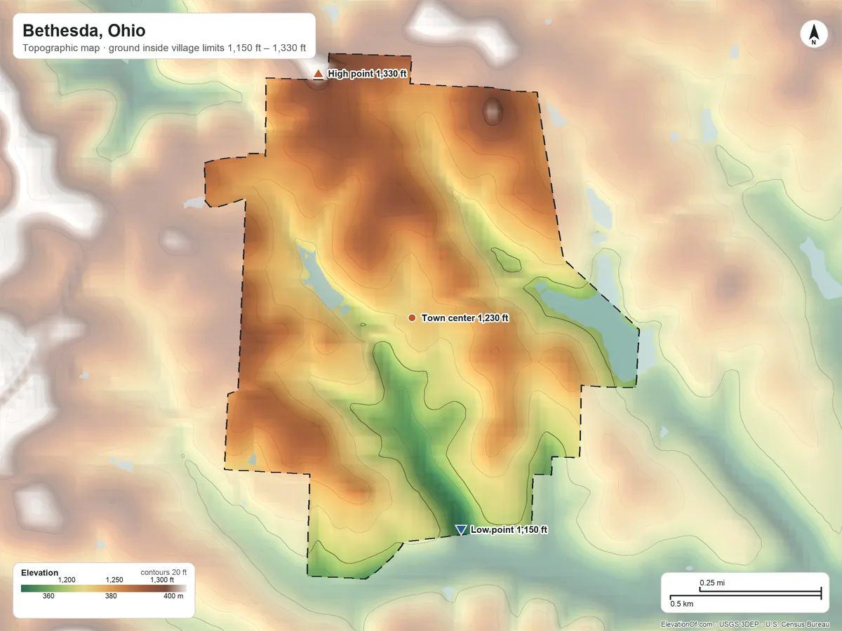 Topographic elevation map of Bethesda, Ohio, shaded from 1,150 ft on the south side to 1,330 ft on the north side