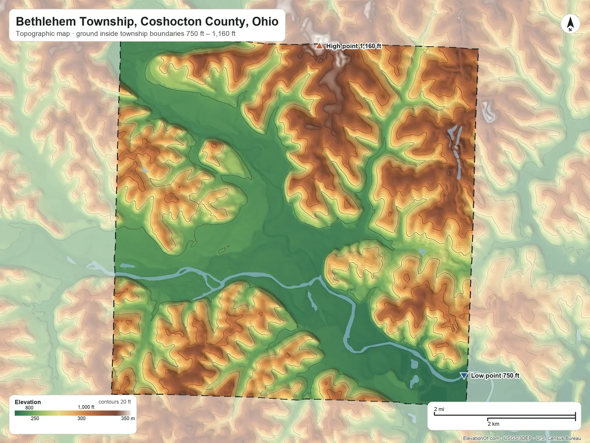 Topographic elevation map of Bethlehem Township, Coshocton County, Ohio, shaded from 750 ft on the southeast side to 1,160 ft on the north side