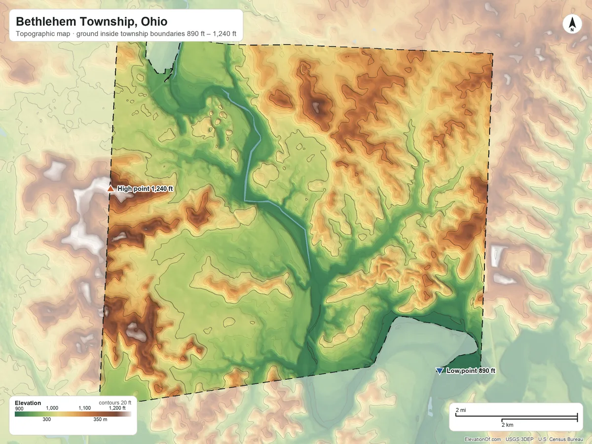 Topographic elevation map of Bethlehem Township, Ohio, shaded from 890 ft on the southeast side to 1,240 ft on the west side