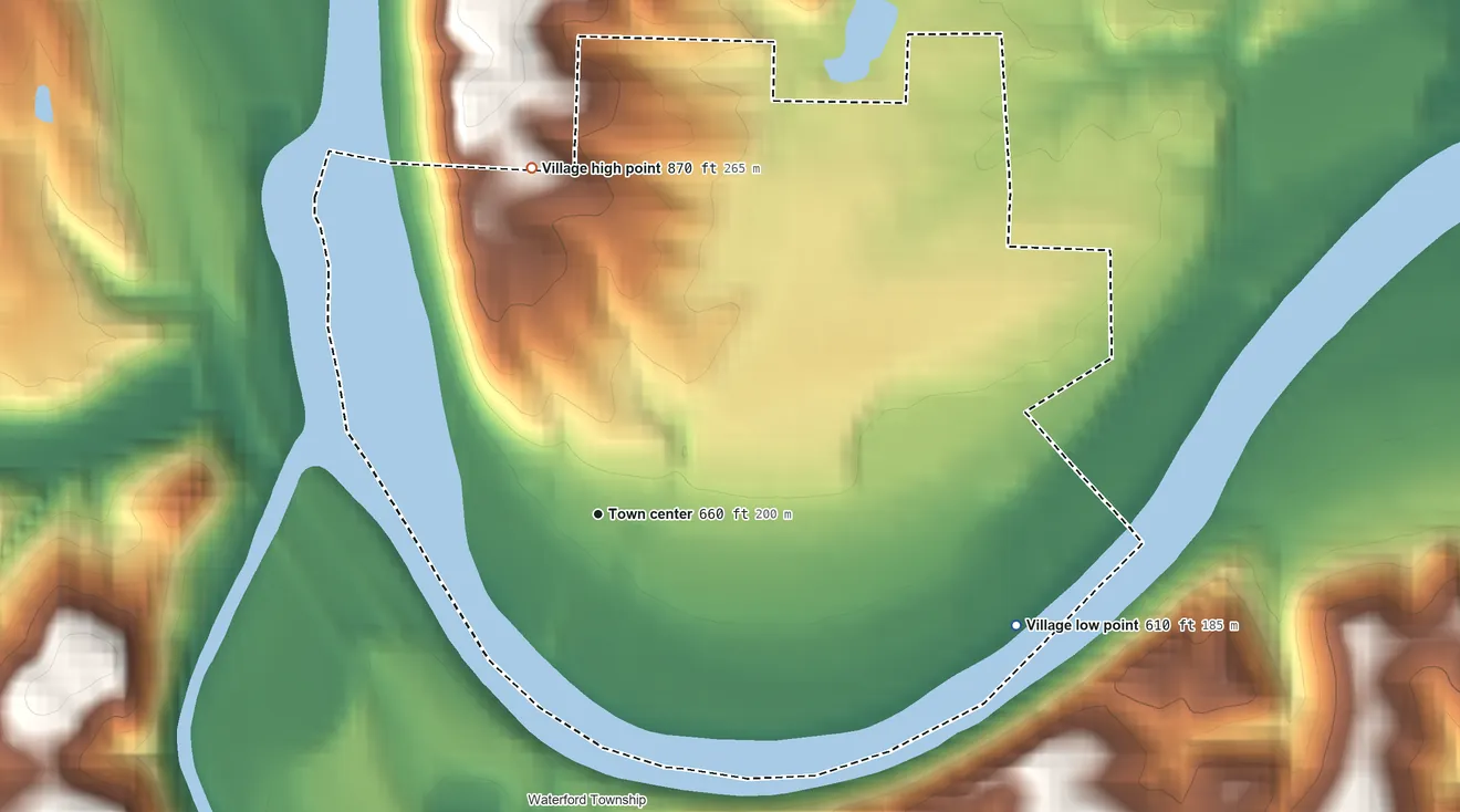 Topographic elevation map of Beverly, Ohio, shaded from 610 ft on the east side to 870 ft on the north side
