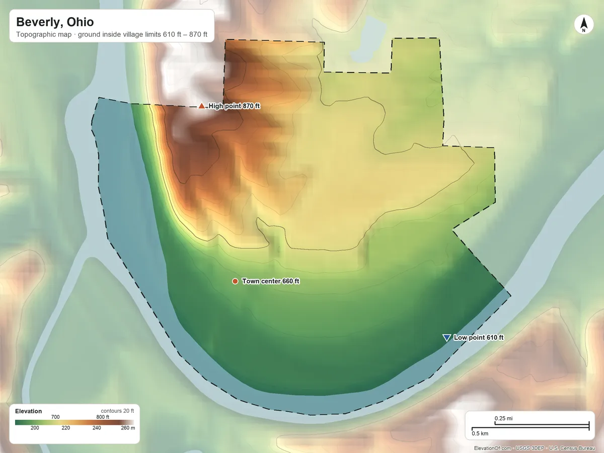 Topographic elevation map of Beverly, Ohio, shaded from 610 ft on the east side to 870 ft on the north side
