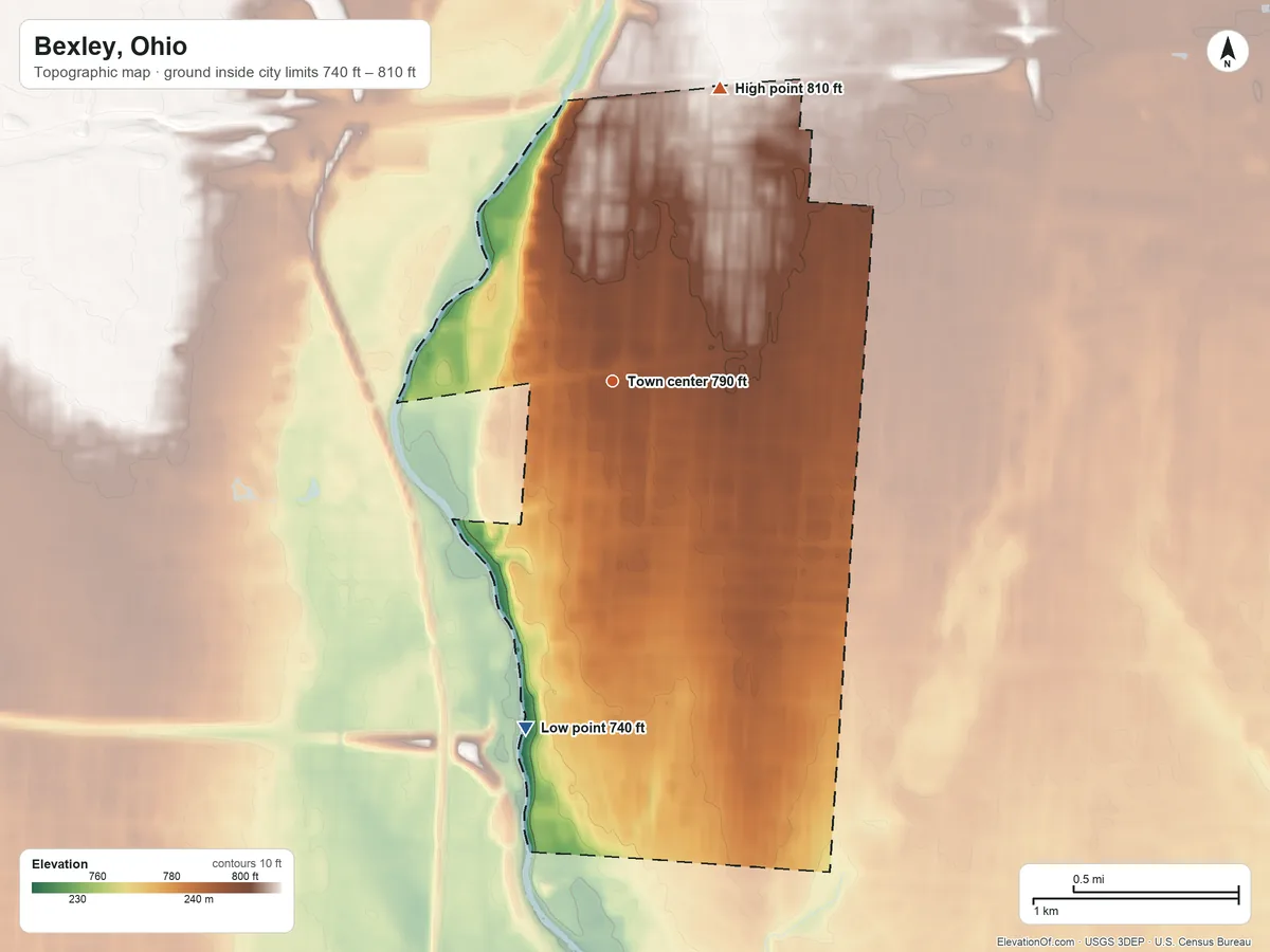 Topographic elevation map of Bexley, Ohio, shaded from 740 ft on the south side to 810 ft on the north side