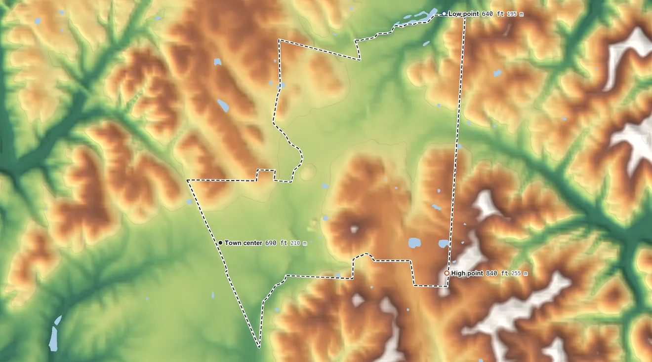 Topographic elevation map of Bidwell, Ohio, shaded from 640 ft on the northeast side to 840 ft on the east side