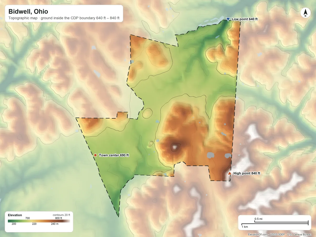 Topographic elevation map of Bidwell, Ohio, shaded from 640 ft on the northeast side to 840 ft on the east side
