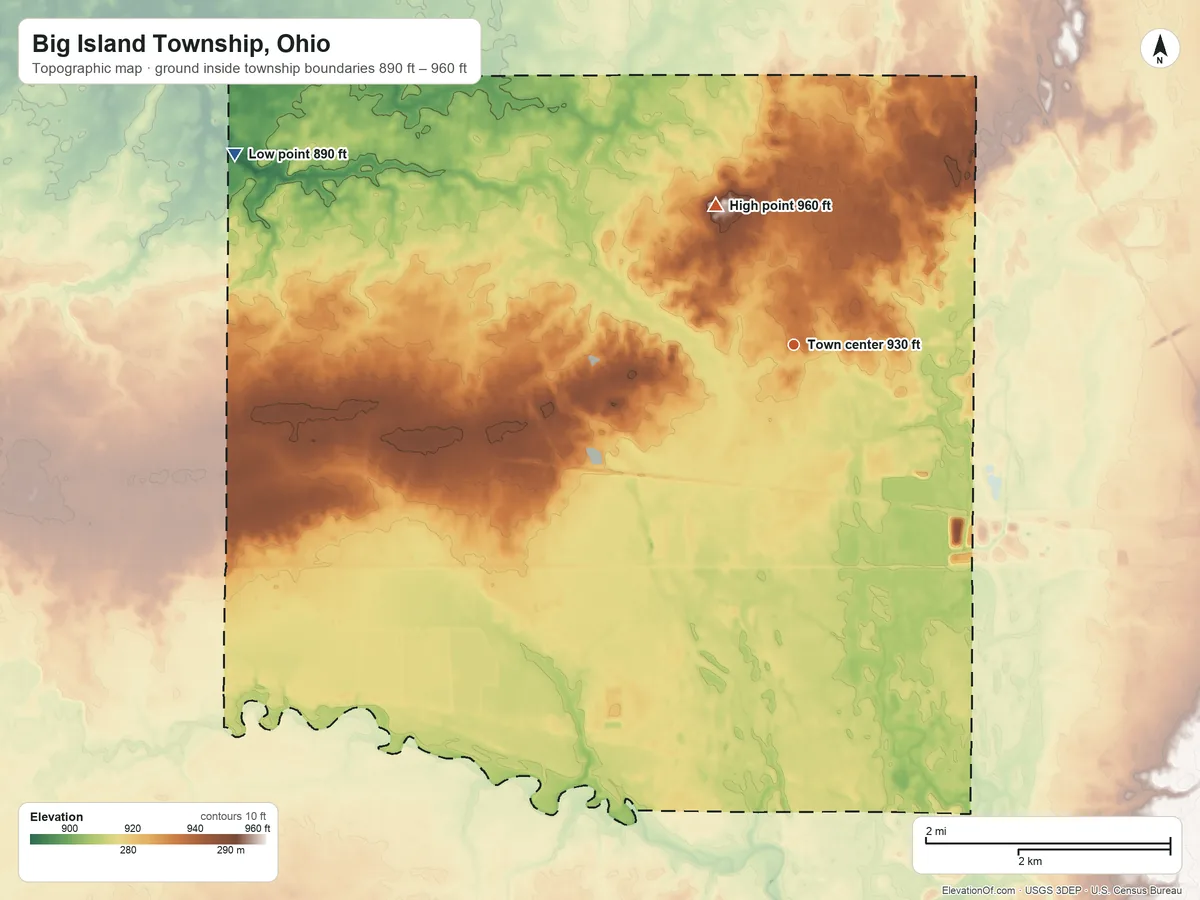 Topographic elevation map of Big Island Township, Ohio, shaded from 890 ft on the west side to 960 ft on the northwest side