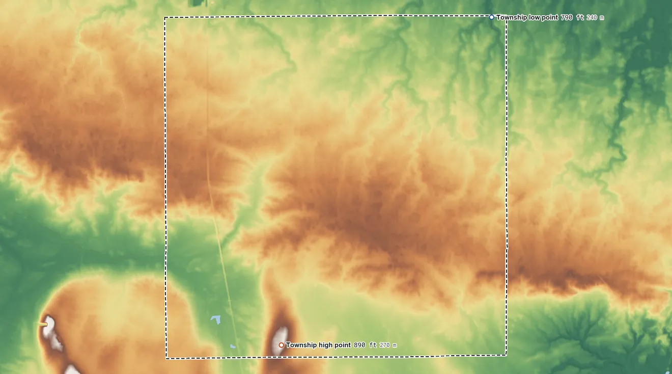 Topographic elevation map of Big Spring Township, Ohio, shaded from 790 ft on the northeast side to 890 ft on the southwest side
