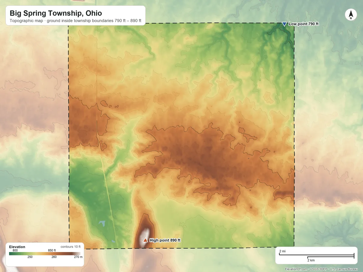 Topographic elevation map of Big Spring Township, Ohio, shaded from 790 ft on the northeast side to 890 ft on the southwest side