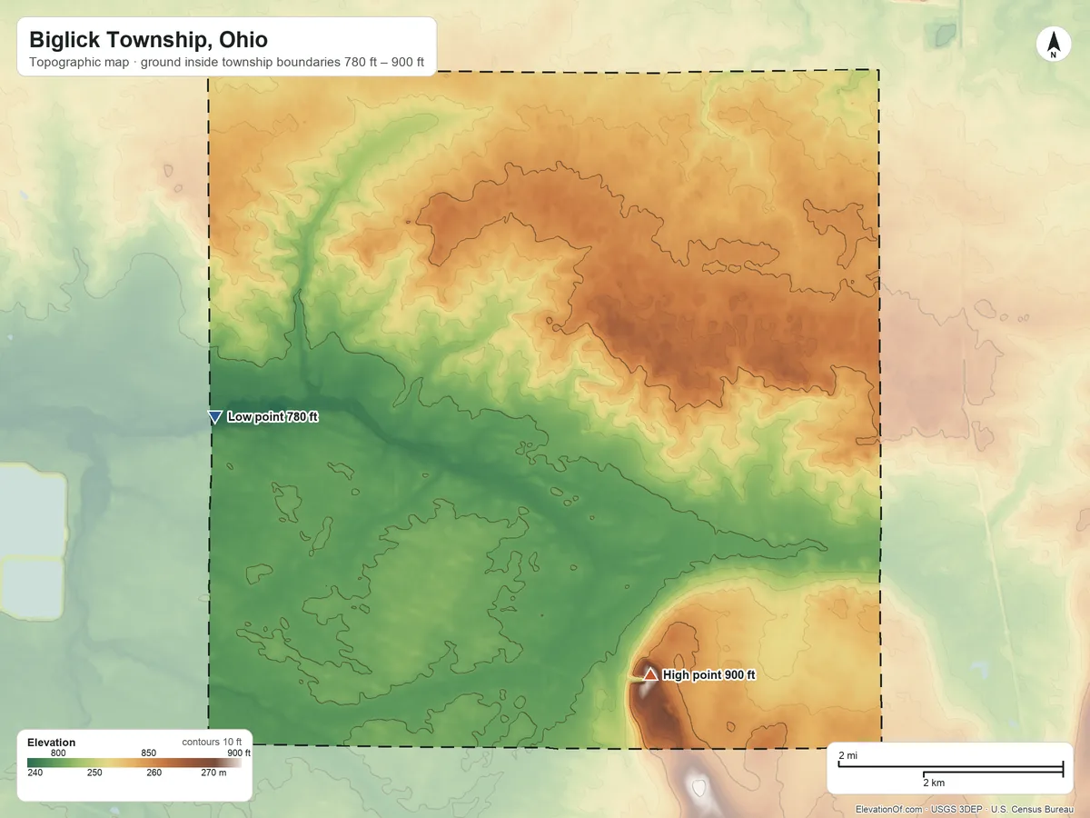 Topographic elevation map of Biglick Township, Ohio, shaded from 780 ft on the west side to 900 ft on the southeast side