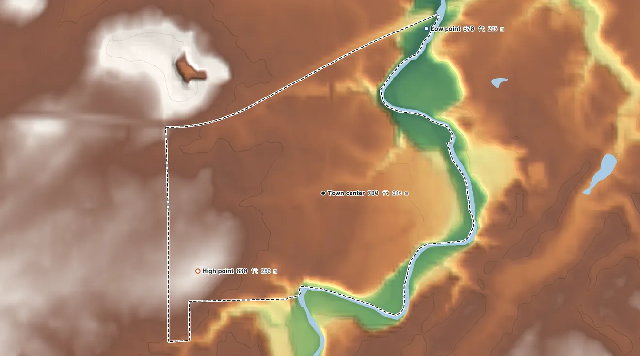 Topographic elevation map of Birmingham, Ohio, shaded from 670 ft on the northeast side to 830 ft on the southwest side
