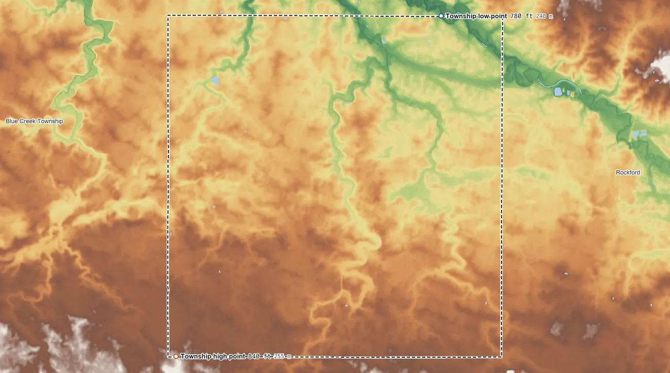 Topographic elevation map of Black Creek Township, Ohio, shaded from 780 ft on the northeast side to 840 ft on the southwest side