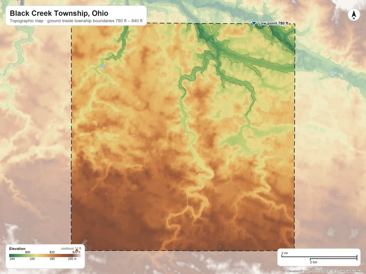 Topographic elevation map of Black Creek Township, Ohio, shaded from 780 ft on the northeast side to 840 ft on the southwest side