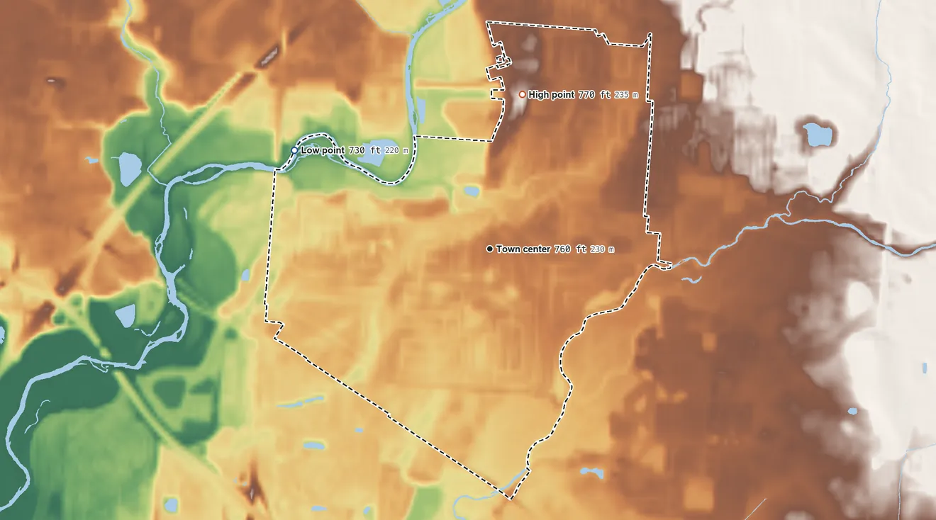 Topographic elevation map of Blacklick Estates, Ohio, shaded from 730 ft on the northwest side to 770 ft on the north side