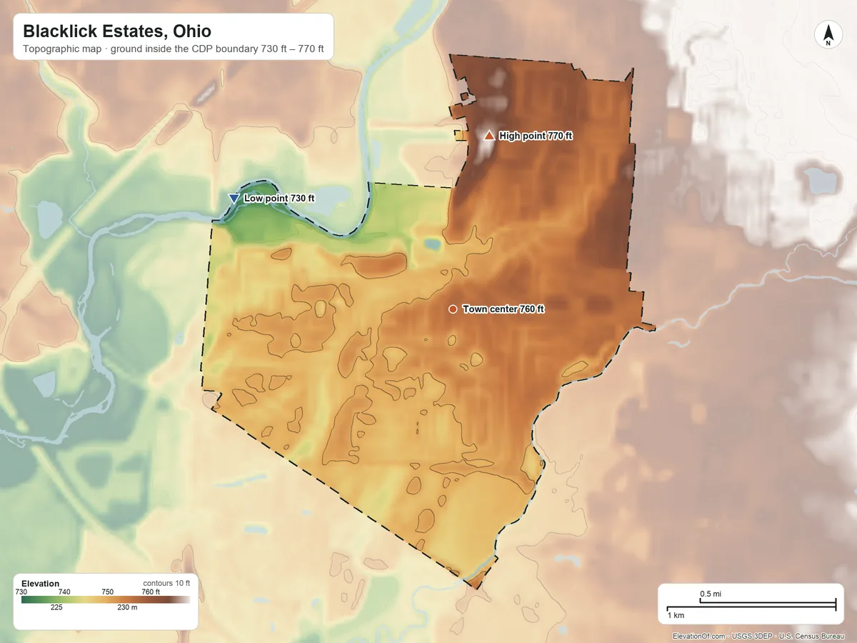 Topographic elevation map of Blacklick Estates, Ohio, shaded from 730 ft on the northwest side to 770 ft on the north side