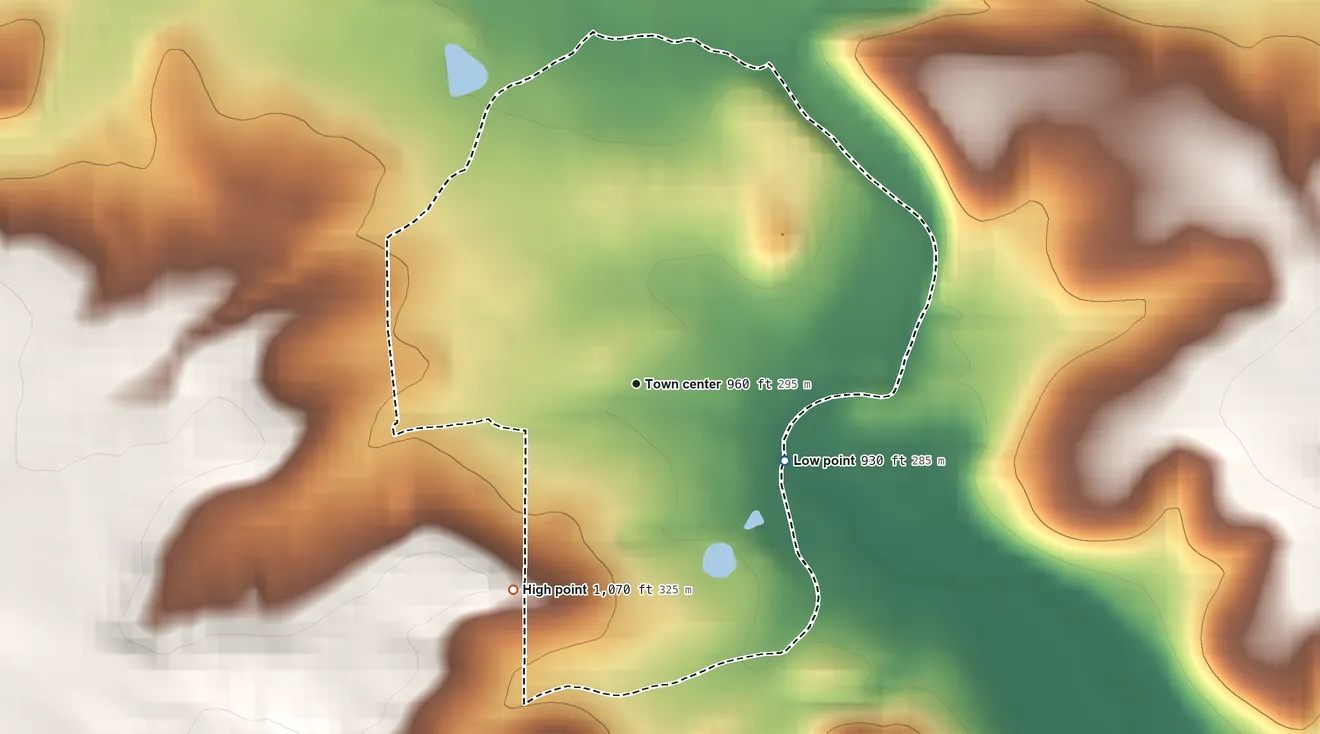 Topographic elevation map of Bladensburg, Ohio, shaded from 930 ft on the southeast side to 1,070 ft on the southwest side