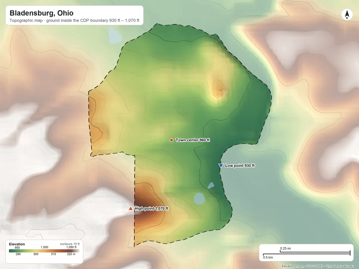 Topographic elevation map of Bladensburg, Ohio, shaded from 930 ft on the southeast side to 1,070 ft on the southwest side