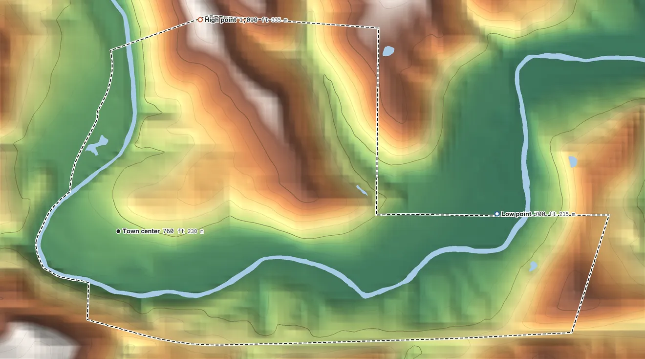 Topographic elevation map of Blaine, Ohio, shaded from 700 ft on the east side to 1,090 ft on the north side
