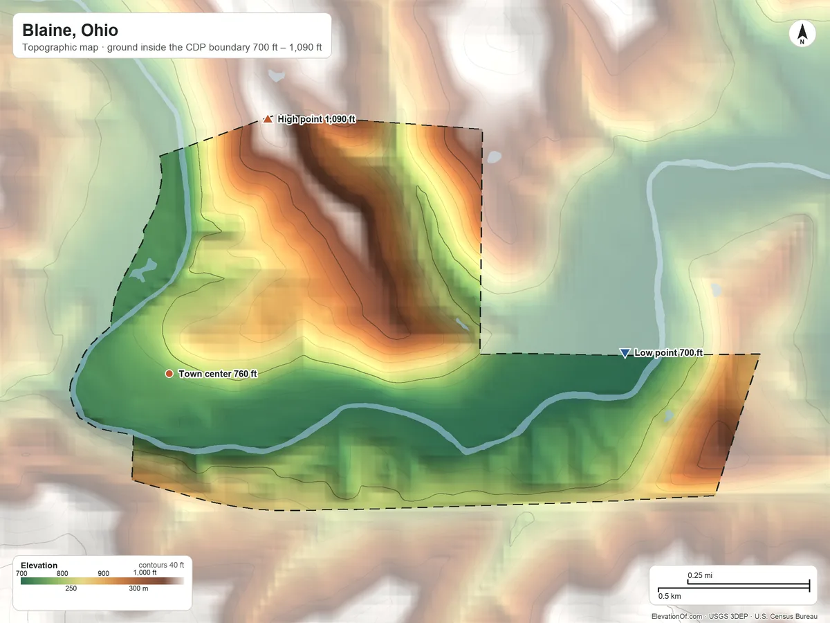Topographic elevation map of Blaine, Ohio, shaded from 700 ft on the east side to 1,090 ft on the north side