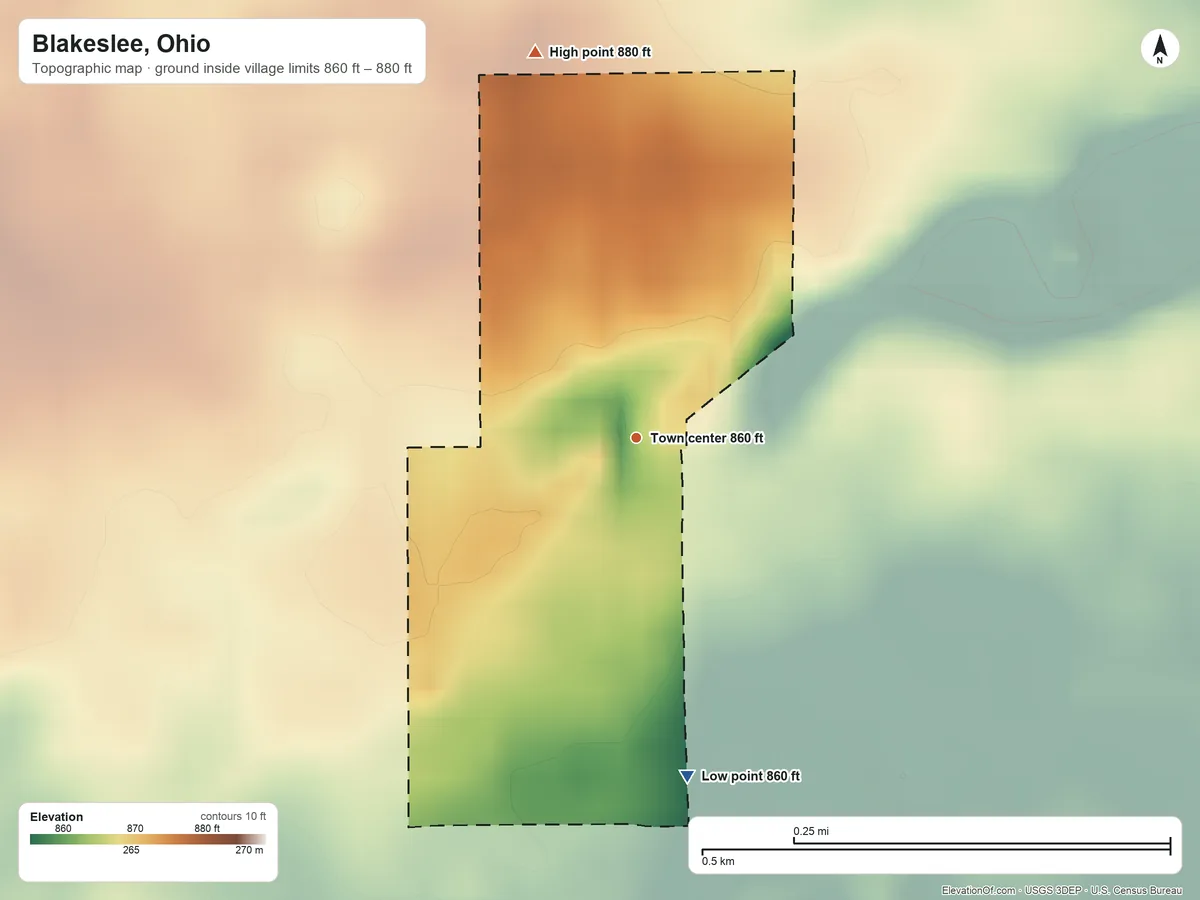 Topographic elevation map of Blakeslee, Ohio, shaded from 860 ft on the south side to 880 ft on the north side