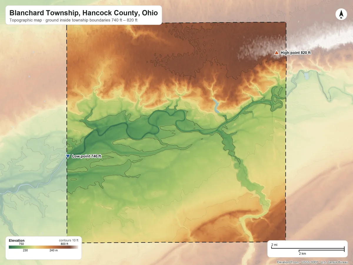 Topographic elevation map of Blanchard Township, Hancock County, Ohio, shaded from 740 ft on the west side to 820 ft on the northeast side