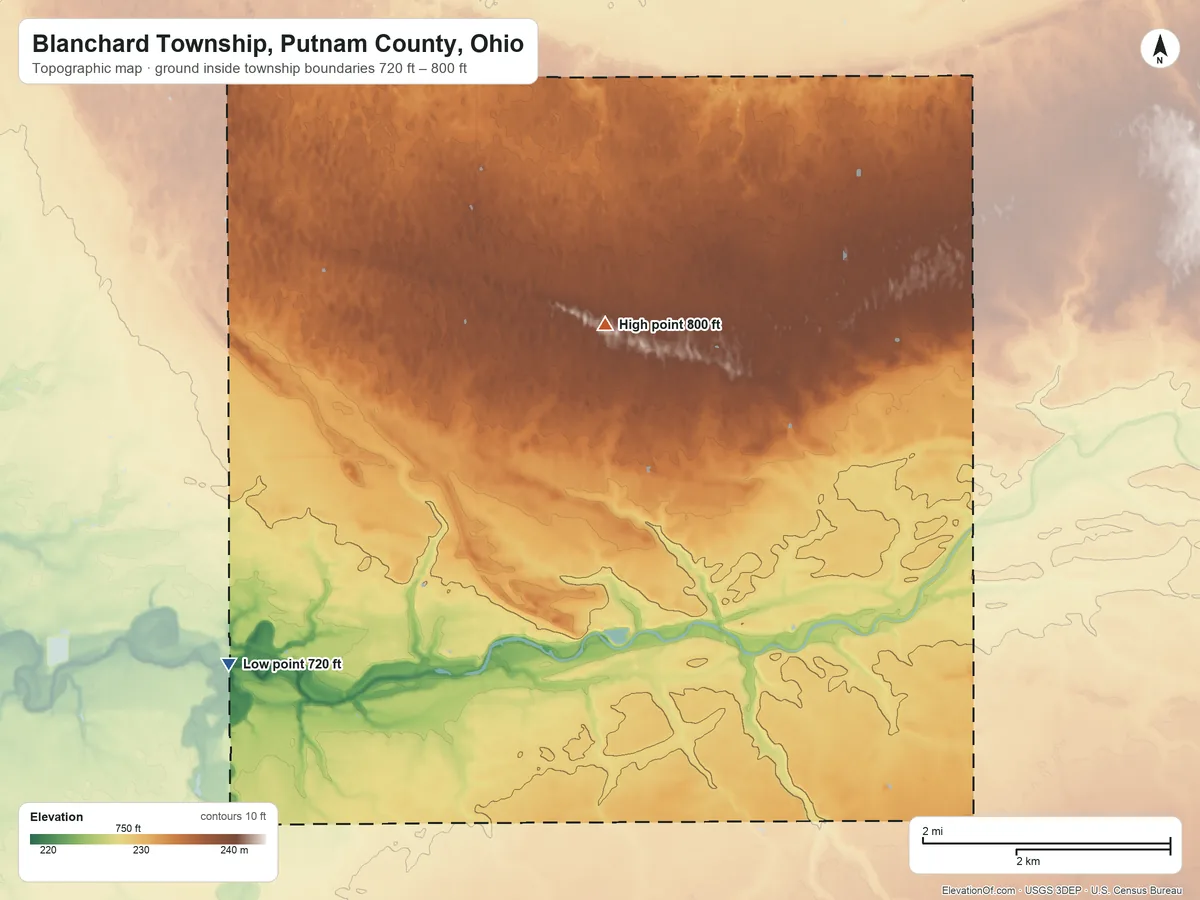 Topographic elevation map of Blanchard Township, Putnam County, Ohio, shaded from 720 ft on the west side to 800 ft on the north side