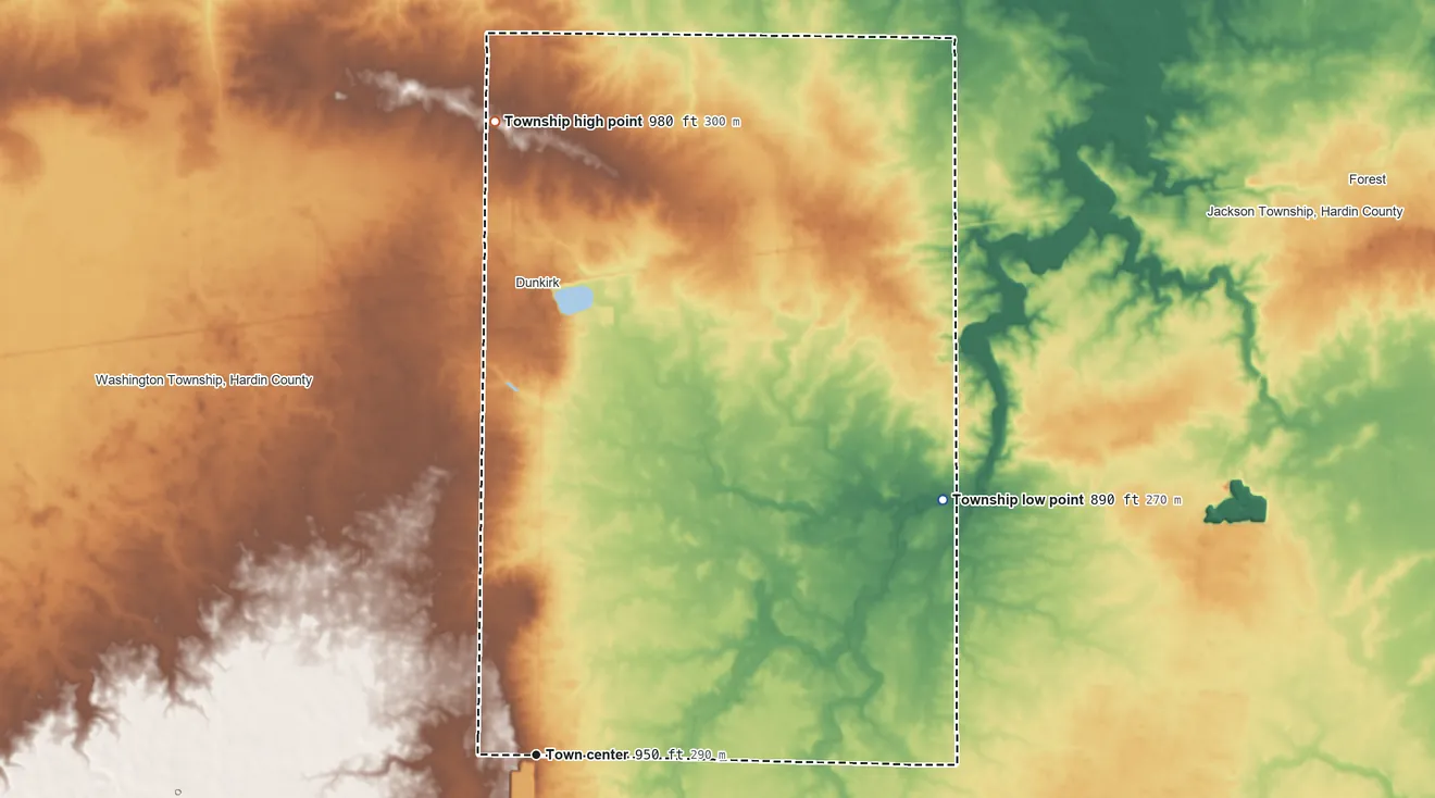 Topographic elevation map of Blanchard Township, Ohio, shaded from 890 ft on the northeast side to 980 ft on the north side