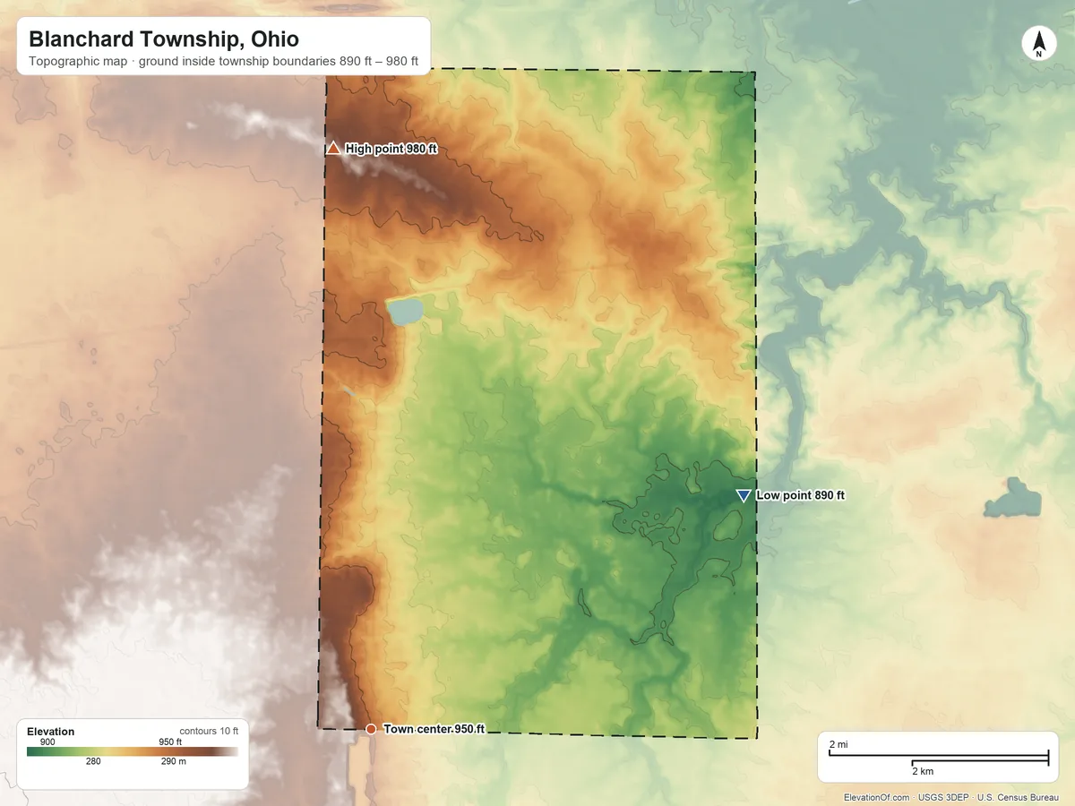 Topographic elevation map of Blanchard Township, Ohio, shaded from 890 ft on the northeast side to 980 ft on the north side