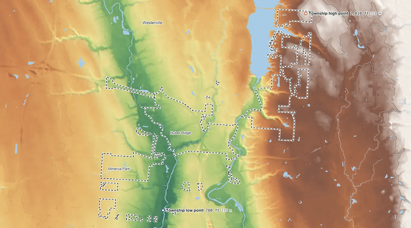 Topographic elevation map of Blendon Township, Ohio, shaded from 780 ft on the south side to 1,010 ft on the northeast side