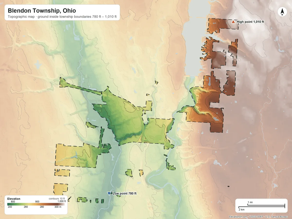 Topographic elevation map of Blendon Township, Ohio, shaded from 780 ft on the south side to 1,010 ft on the northeast side