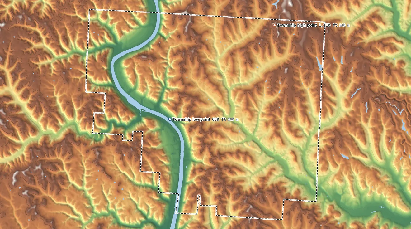 Topographic elevation map of Bloom Township, Morgan County, Ohio, shaded from 650 ft near the middle to 1,110 ft on the northeast side