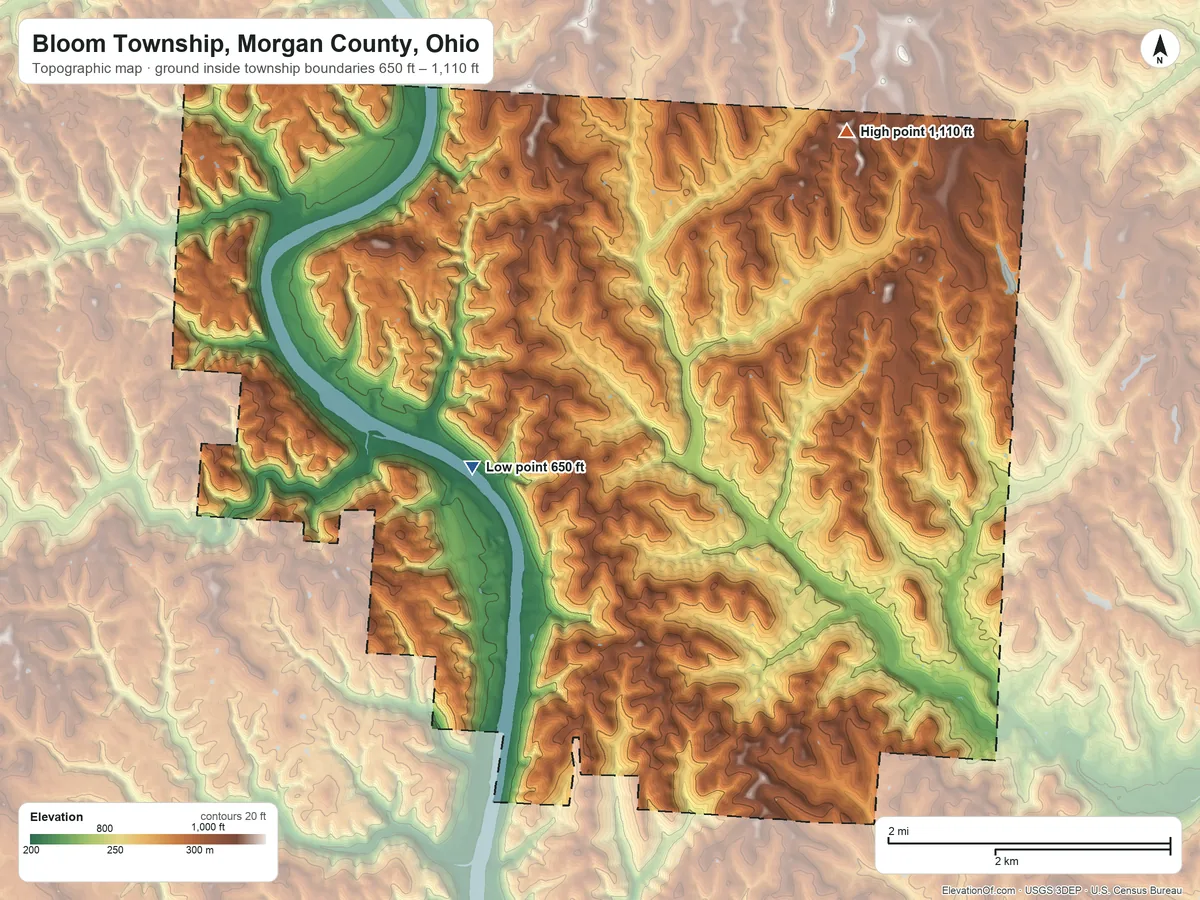 Topographic elevation map of Bloom Township, Morgan County, Ohio, shaded from 650 ft near the middle to 1,110 ft on the northeast side