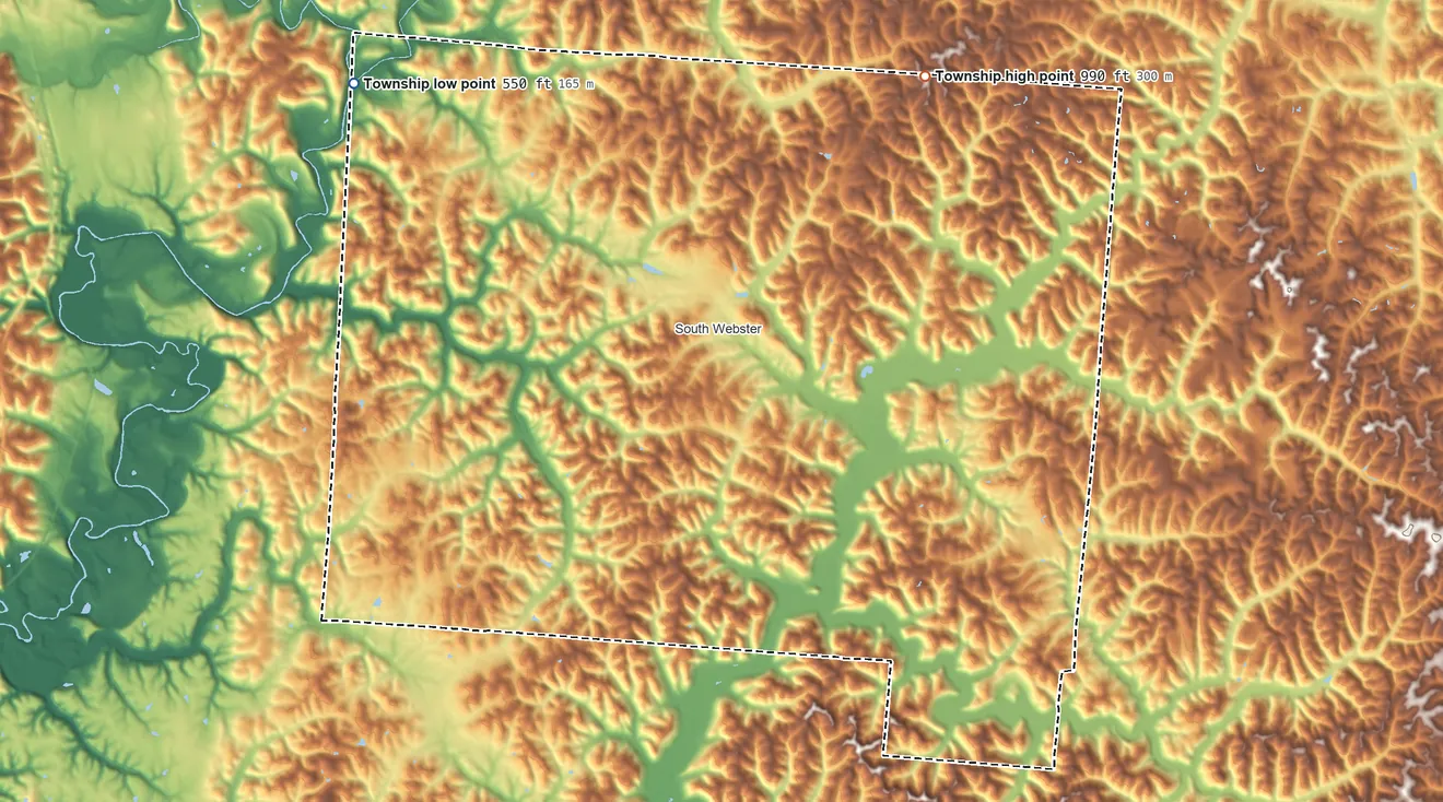 Topographic elevation map of Bloom Township, Scioto County, Ohio, shaded from 550 ft on the northwest side to 990 ft on the northeast side