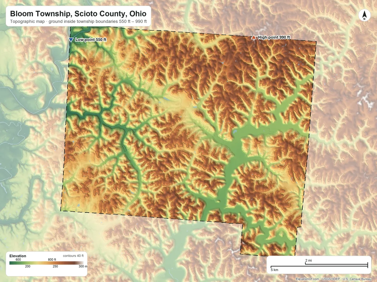 Topographic elevation map of Bloom Township, Scioto County, Ohio, shaded from 550 ft on the northwest side to 990 ft on the northeast side