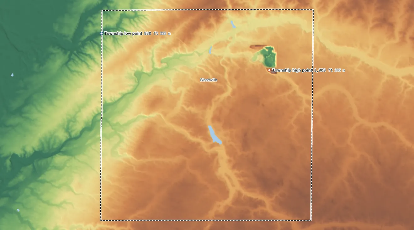Topographic elevation map of Bloom Township, Seneca County, Ohio, shaded from 830 ft on the northwest side to 1,000 ft on the east side
