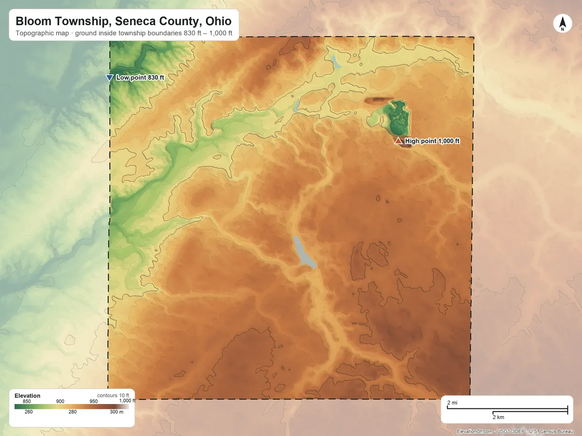 Topographic elevation map of Bloom Township, Seneca County, Ohio, shaded from 830 ft on the northwest side to 1,000 ft on the east side