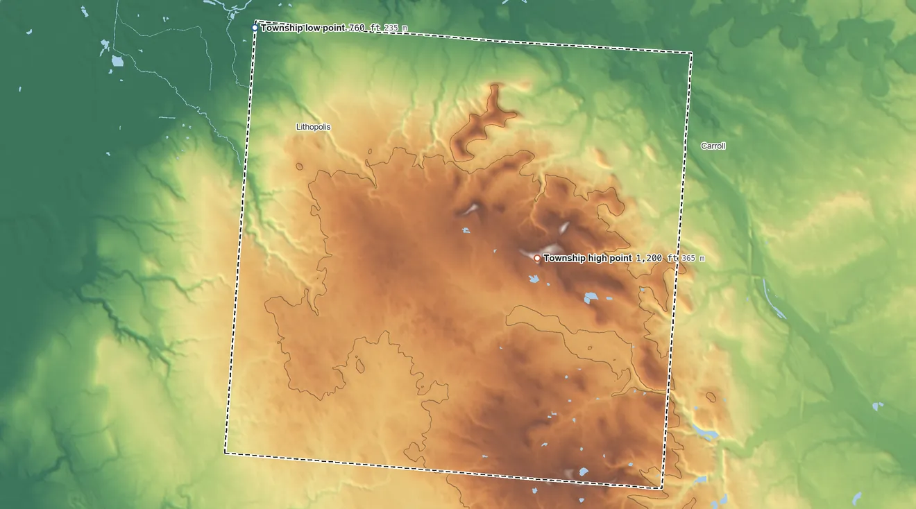 Topographic elevation map of Bloom Township, Ohio, shaded from 760 ft on the northwest side to 1,200 ft on the east side