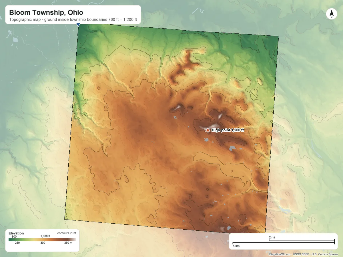 Topographic elevation map of Bloom Township, Ohio, shaded from 760 ft on the northwest side to 1,200 ft on the east side