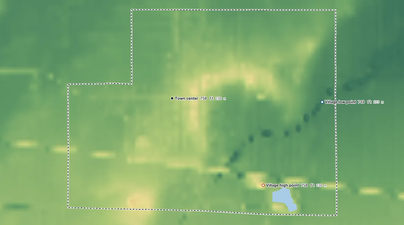 Topographic elevation map of Bloomdale, Ohio, shaded from 740 ft on the east side to 750 ft on the southeast side