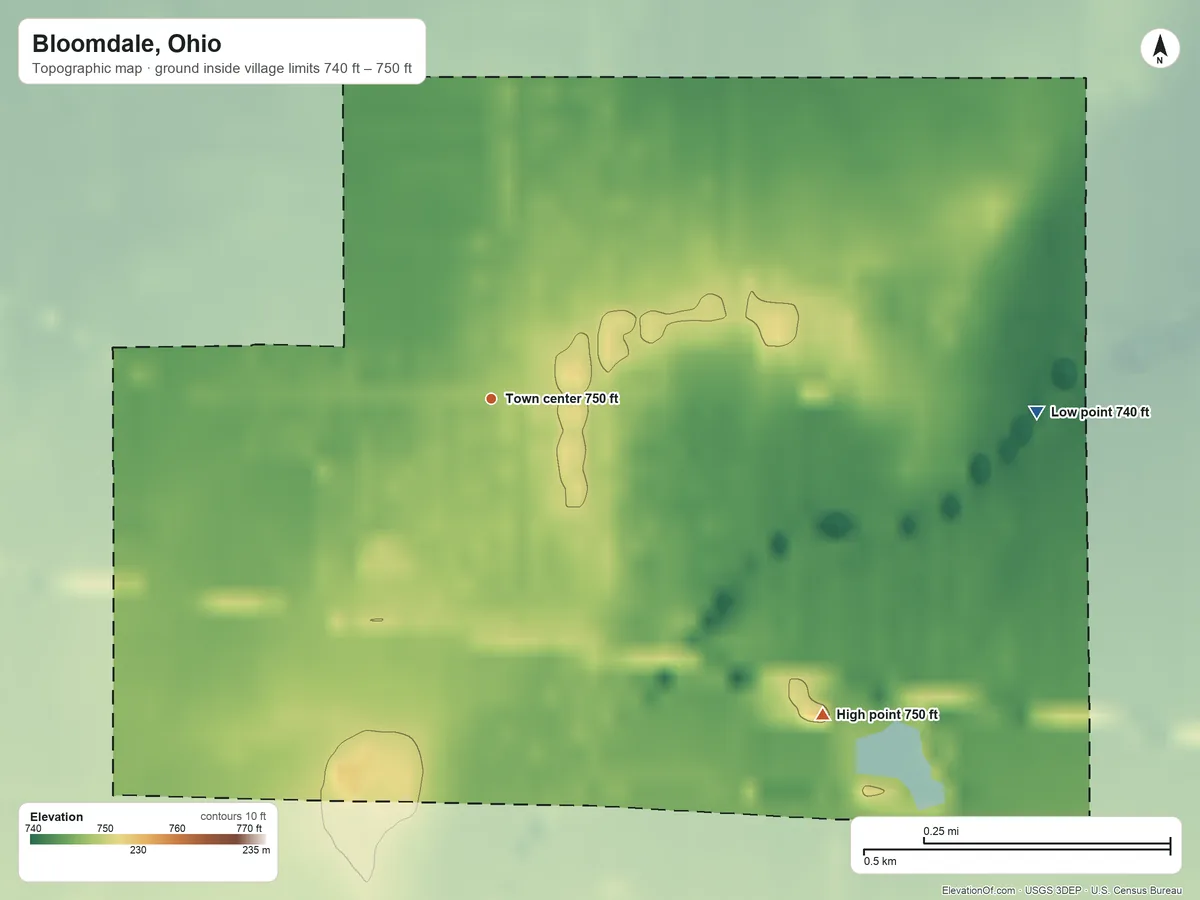 Topographic elevation map of Bloomdale, Ohio, shaded from 740 ft on the east side to 750 ft on the southeast side