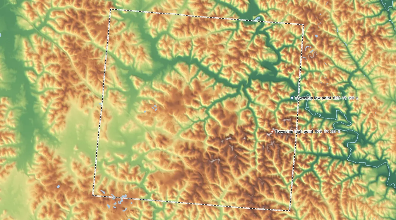 Topographic elevation map of Bloomfield Township, Jackson County, Ohio, shaded from 620 ft on the east side to 960 ft on the east side