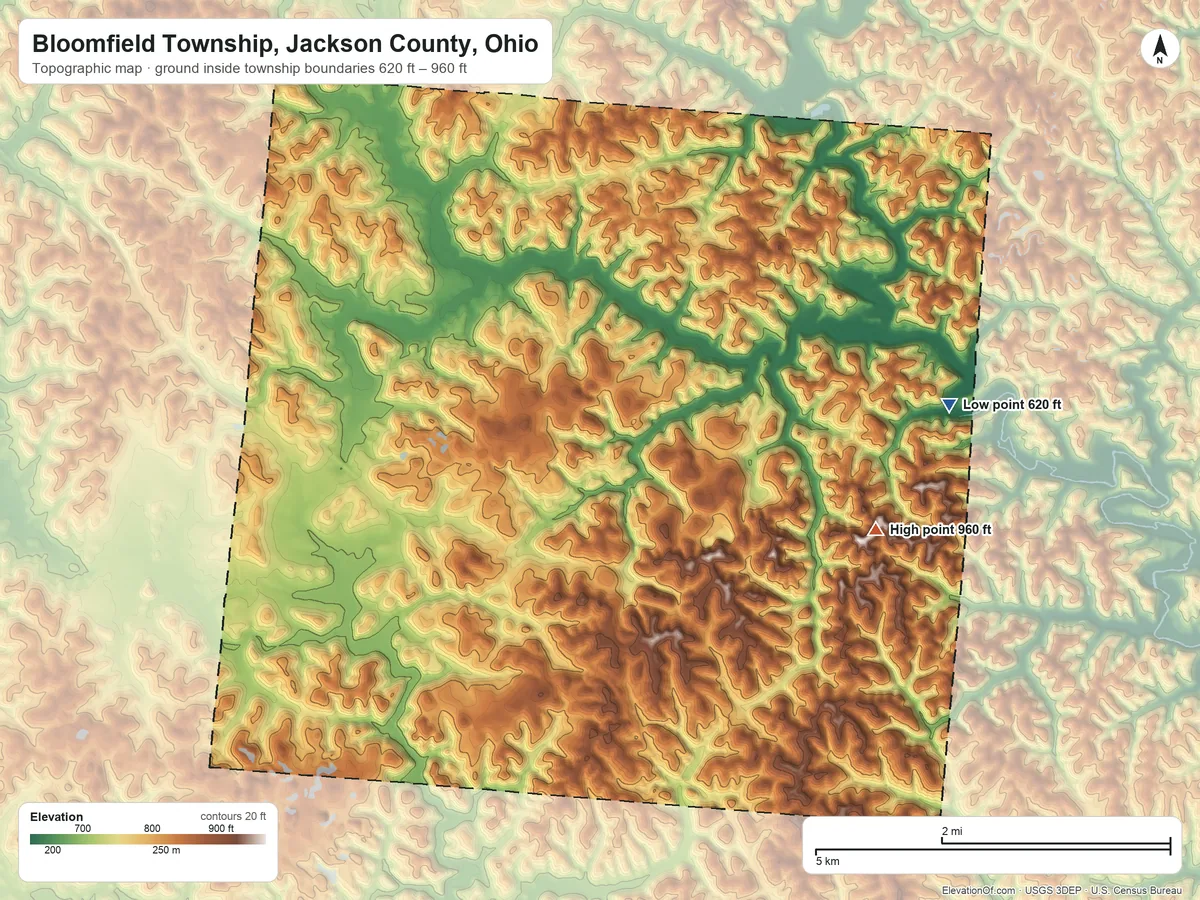 Topographic elevation map of Bloomfield Township, Jackson County, Ohio, shaded from 620 ft on the east side to 960 ft on the east side